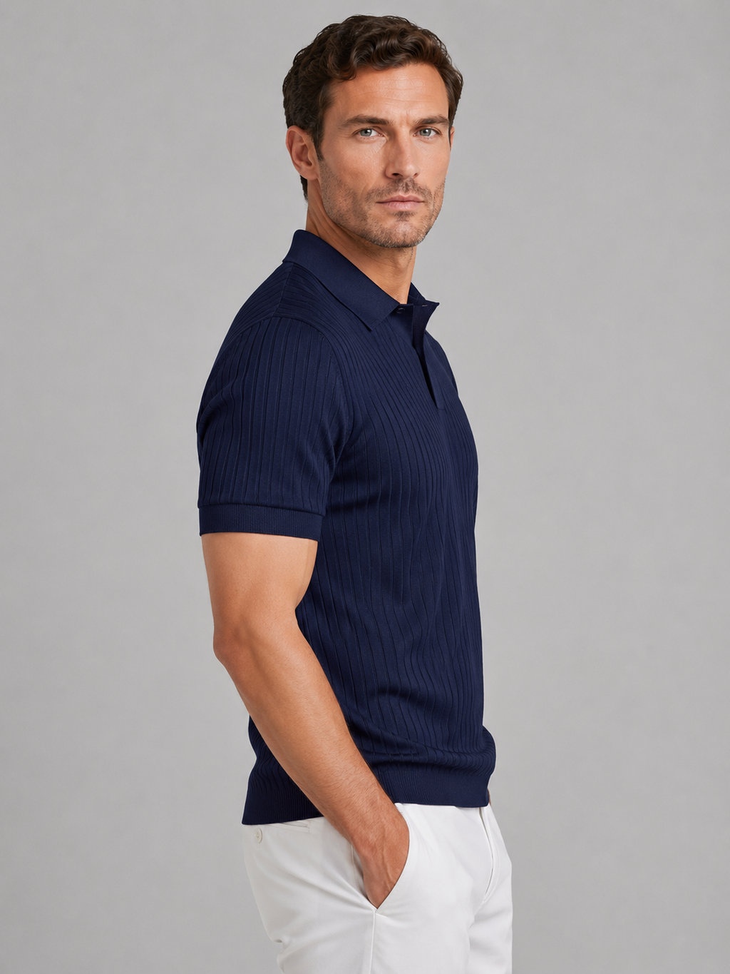 Men’s Ribbed Knit Polo Shirt – Tailored Summer Smart Casual Style