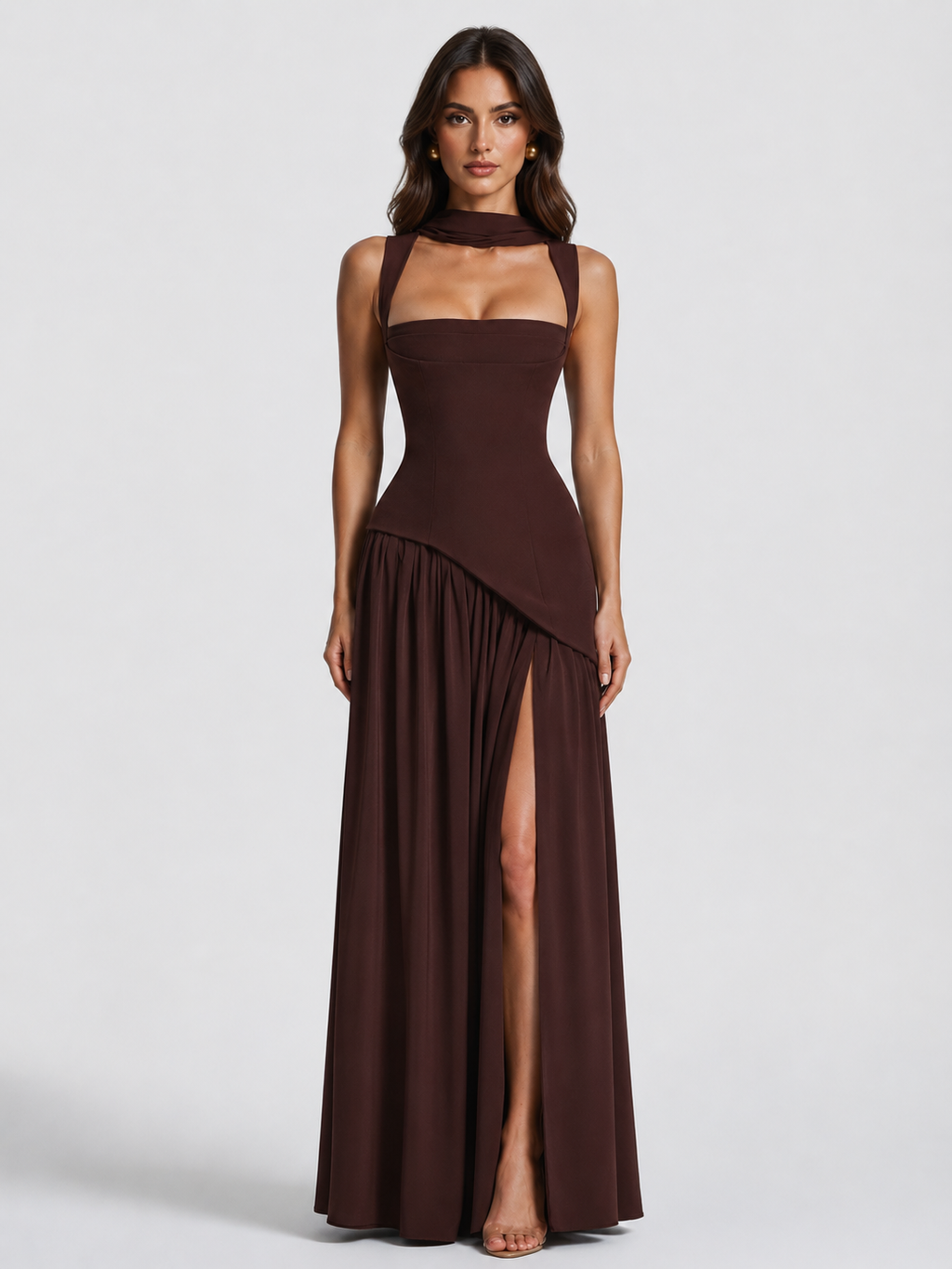 Women’s Draped Satin Feel Maxi Dress – Sculpted Elegant Silhouette