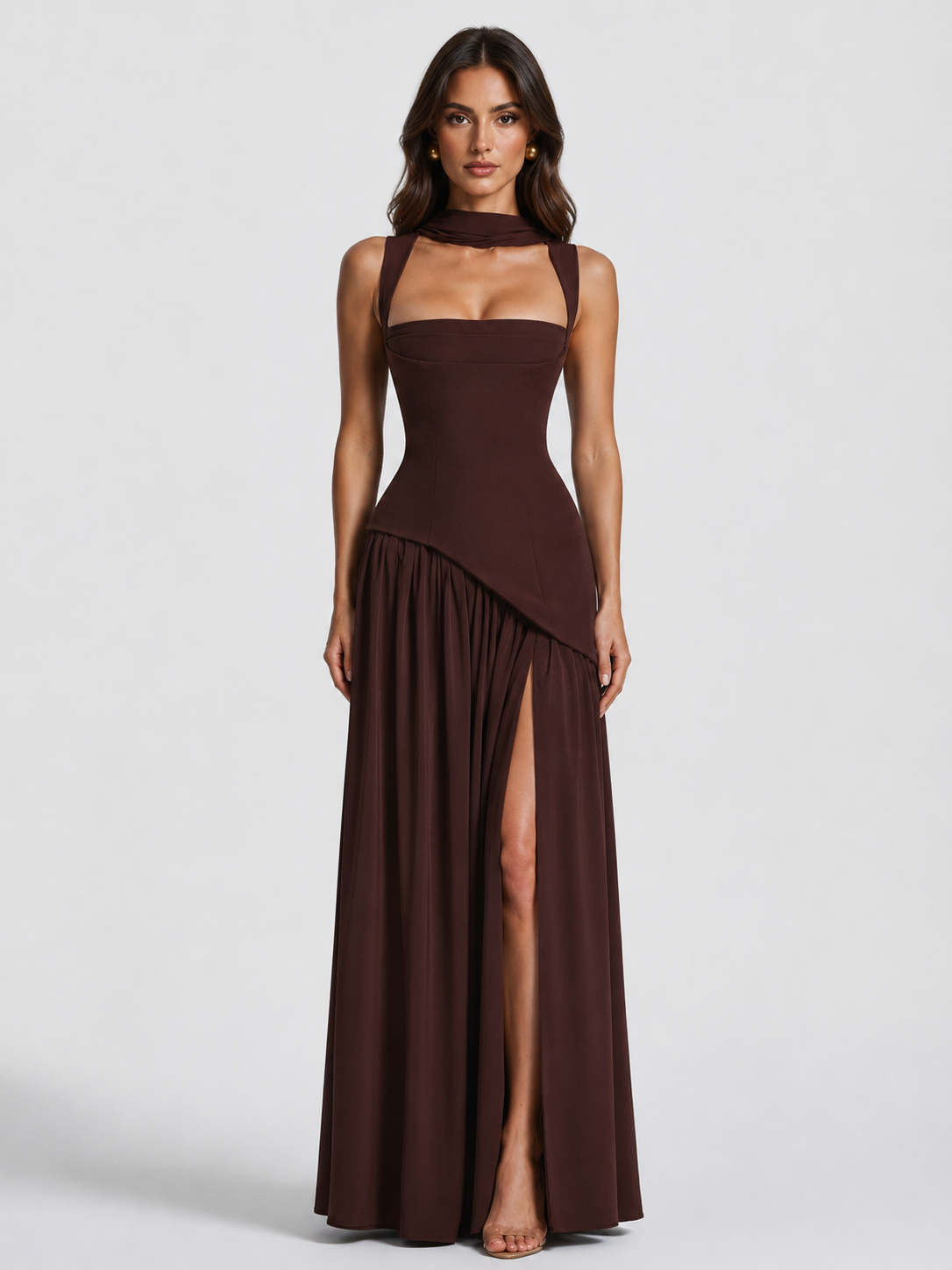 Women’s Draped Satin Feel Maxi Dress – Sculpted Elegant Silhouette