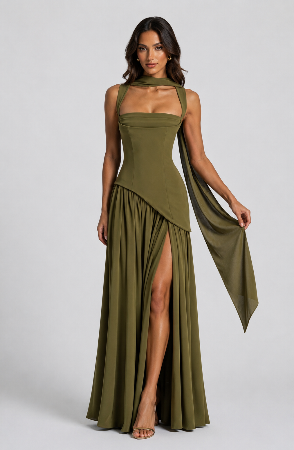 Women’s Draped Satin Feel Maxi Dress – Sculpted Elegant Silhouette