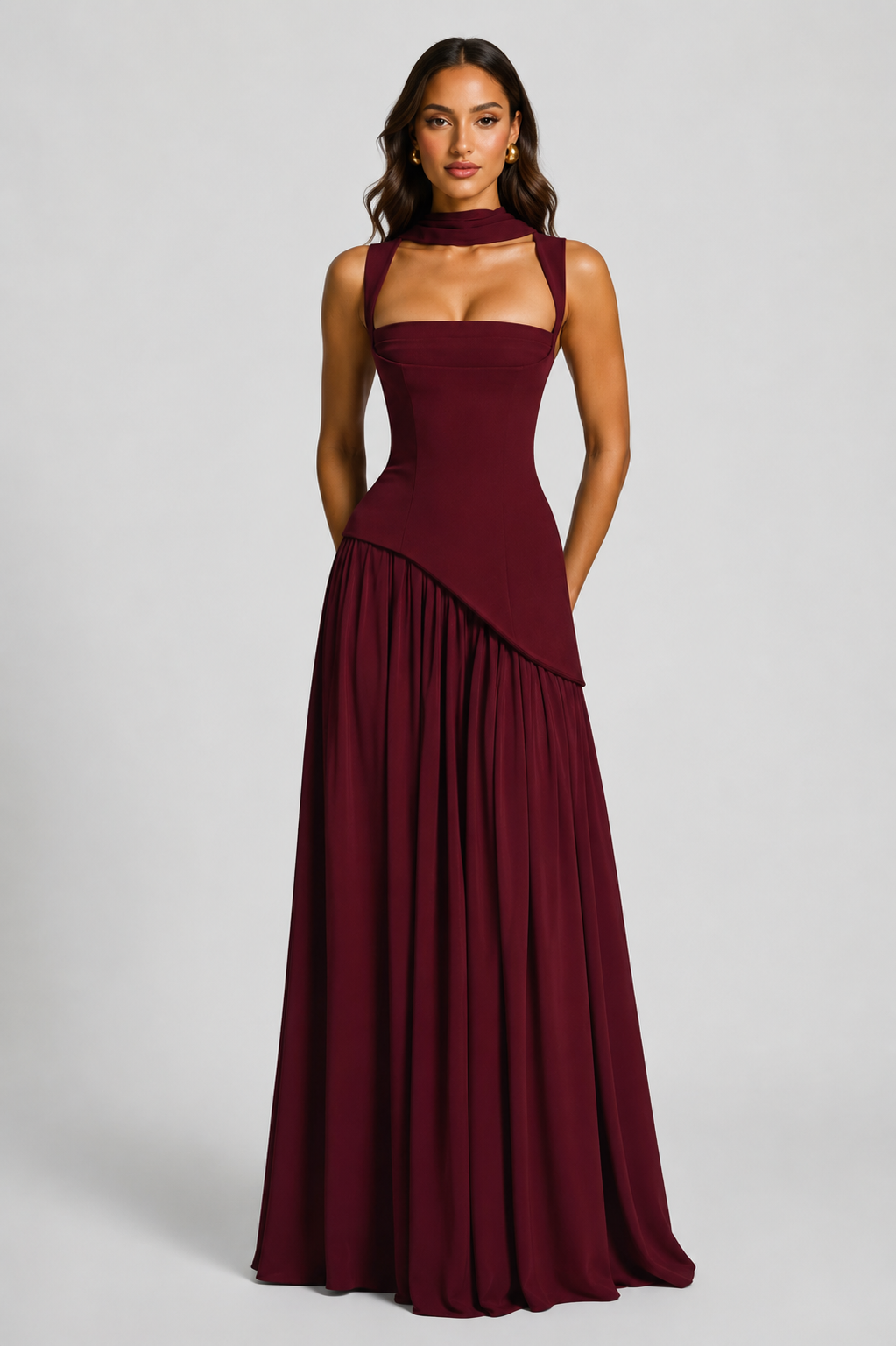 Women’s Draped Satin Feel Maxi Dress – Sculpted Elegant Silhouette