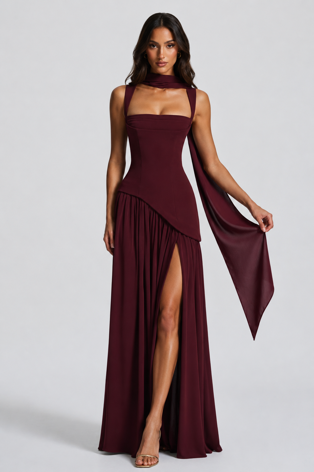 Women’s Draped Satin Feel Maxi Dress – Sculpted Elegant Silhouette