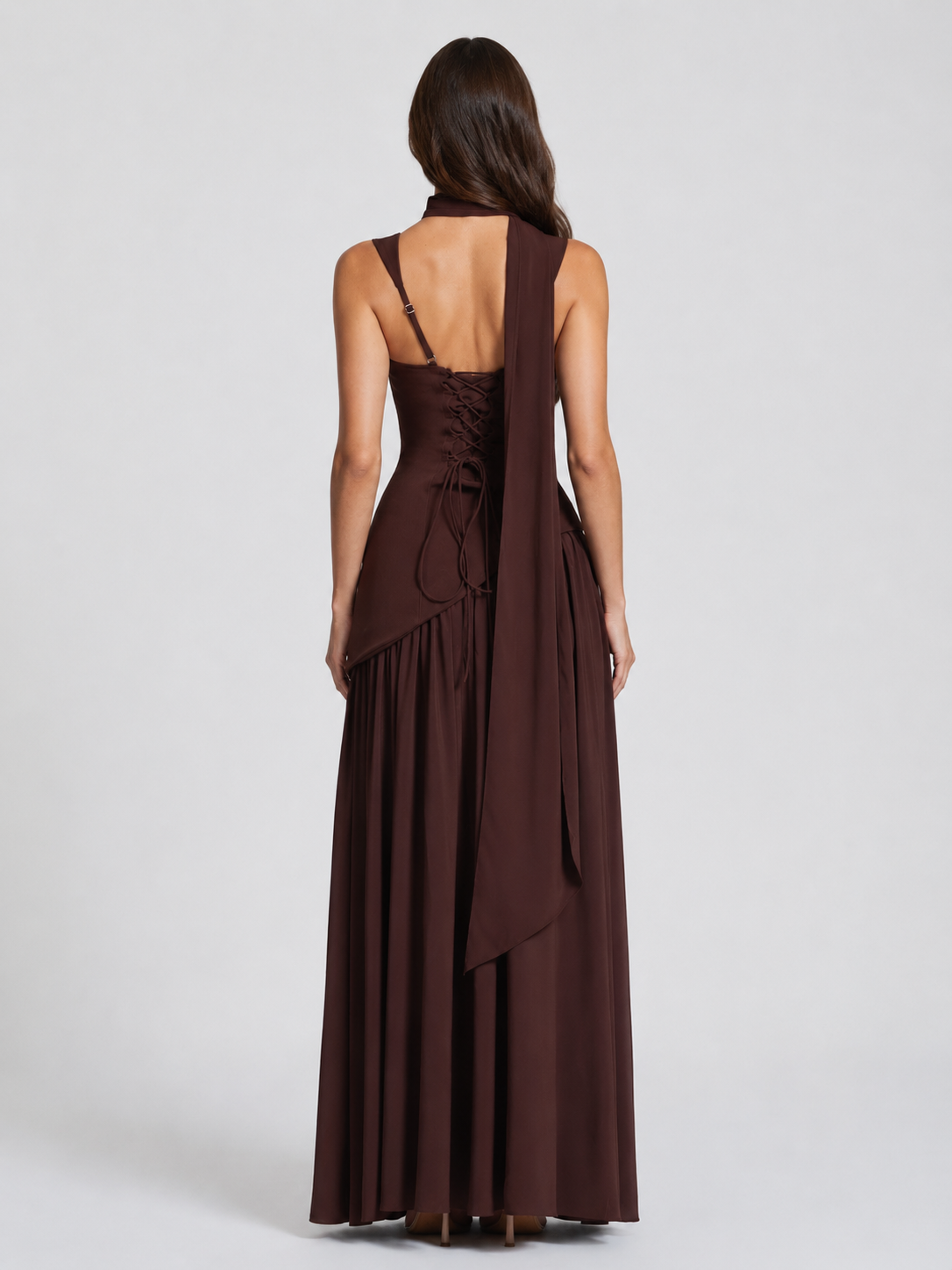 Women’s Draped Satin Feel Maxi Dress – Sculpted Elegant Silhouette