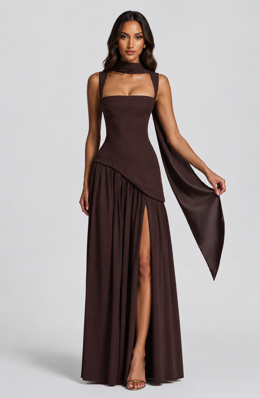 Women’s Draped Satin Feel Maxi Dress – Sculpted Elegant Silhouette