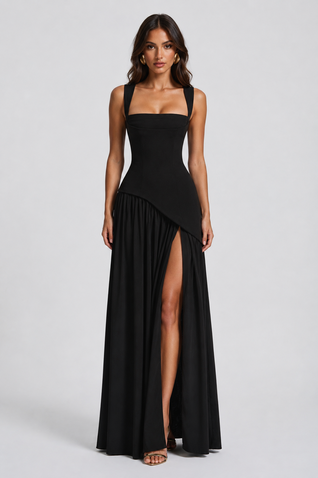Women’s Draped Satin Feel Maxi Dress – Sculpted Elegant Silhouette