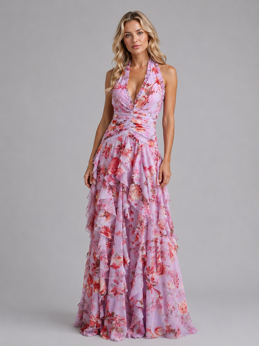 Women’s Floral Halter Maxi Dress – Wedding Guest Evening Gown