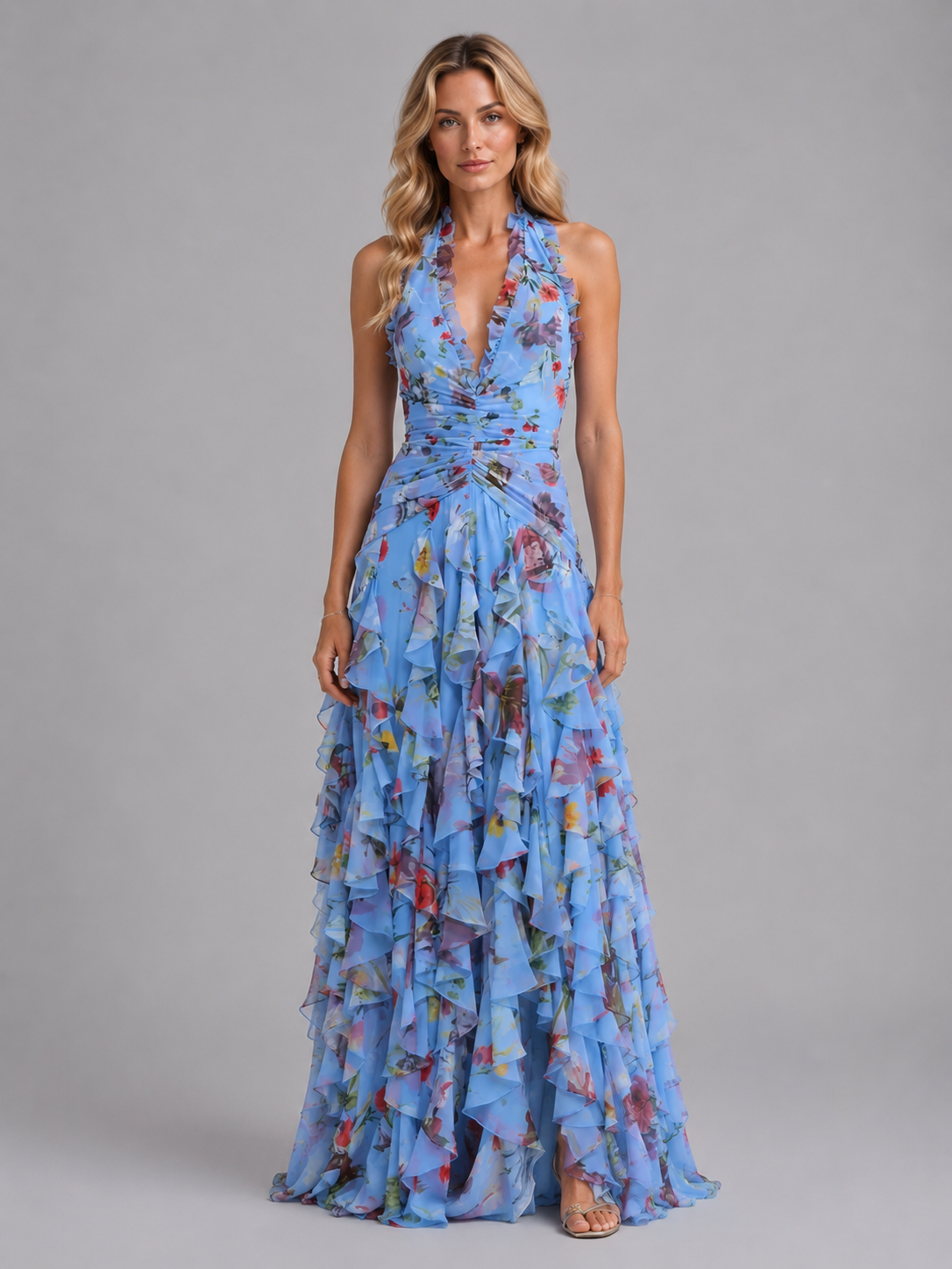 Women’s Floral Halter Maxi Dress – Wedding Guest Evening Gown