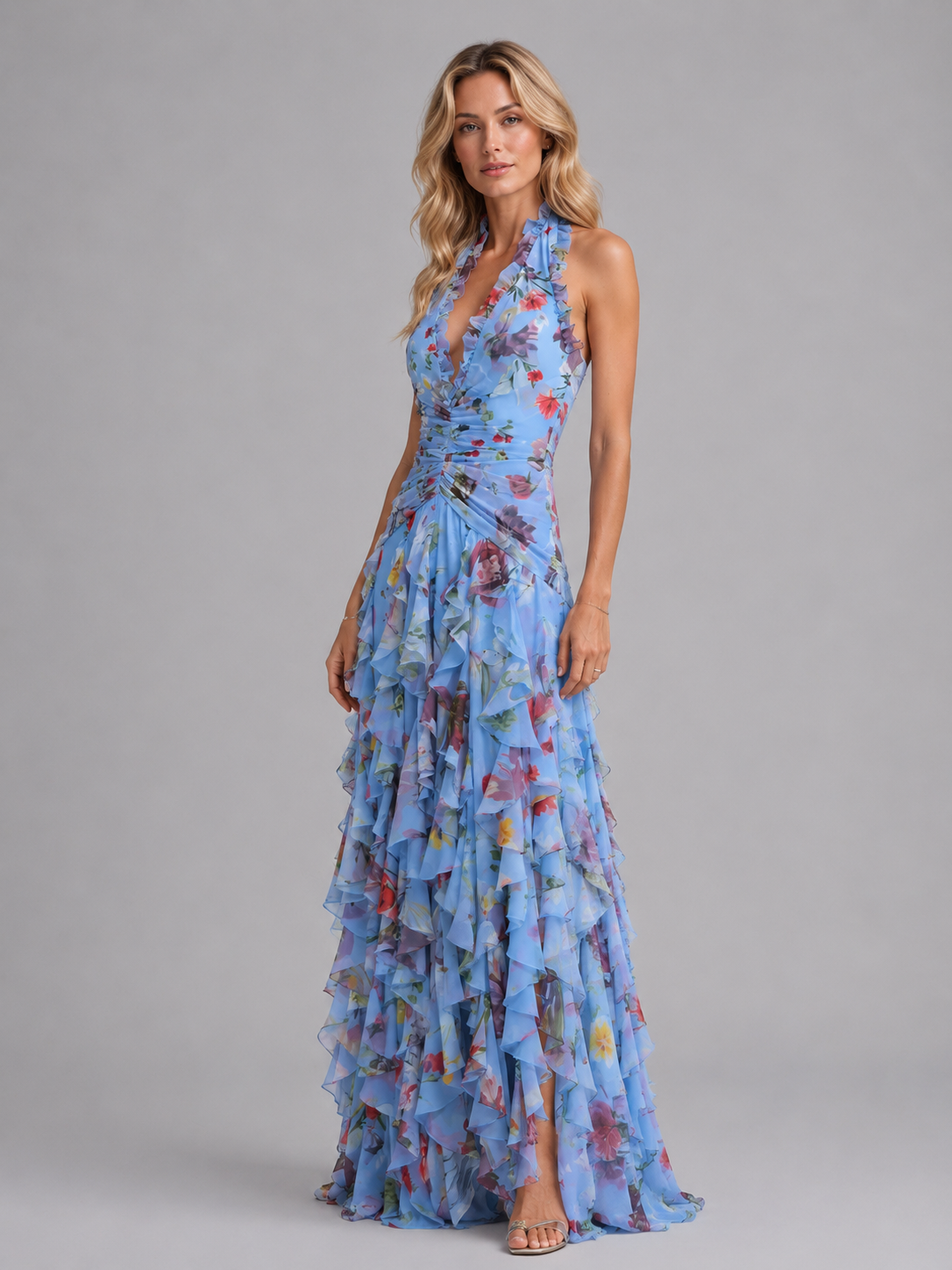 Women’s Floral Halter Maxi Dress – Wedding Guest Evening Gown
